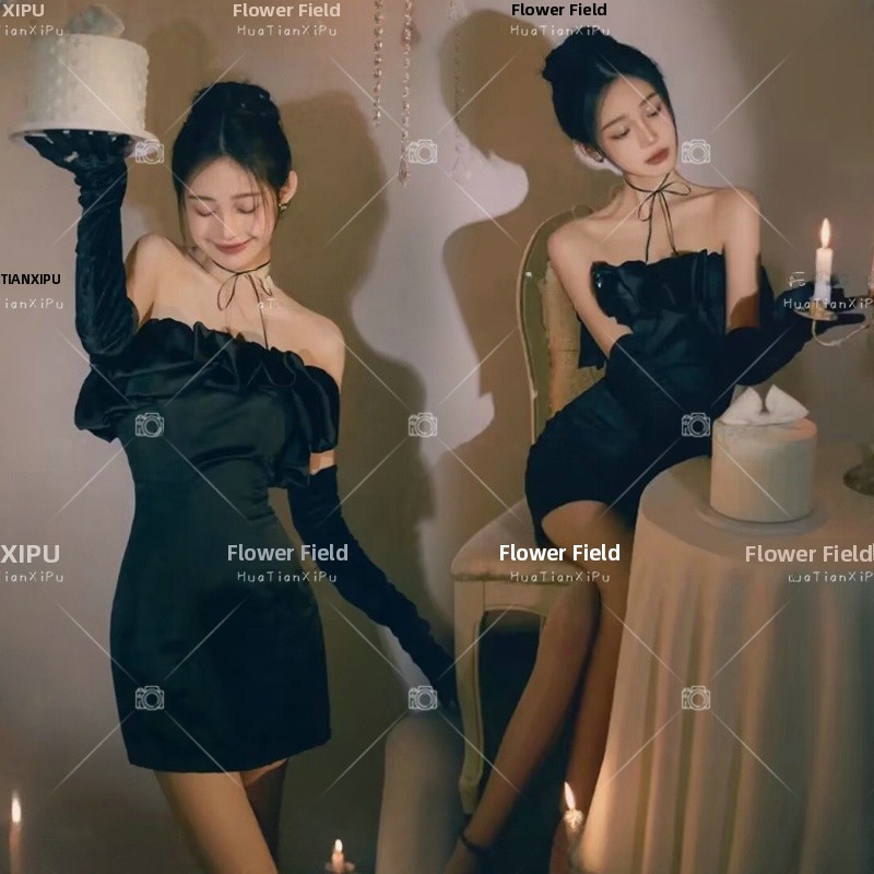 Photography Young - ใหม่ธีมเจ้าหญิงชุดวันเกิดไหล่เดียวสีดำชุดถ่ายภาพสำหรับหญิงสาวฤดูร้อน 2023 เทรนด์แฟชั่น